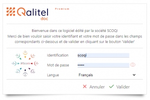 Ecran de login dulogiciel de gestion électronique des documents qualité GED QALITEL doc.