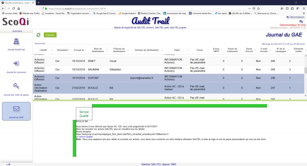 logiciel-gestion-non-conformite-action-qualite-qalitel-conform - module-tracabilite-audit-trail-qalitel-audit-conform-progres-journal-e-mails-gae