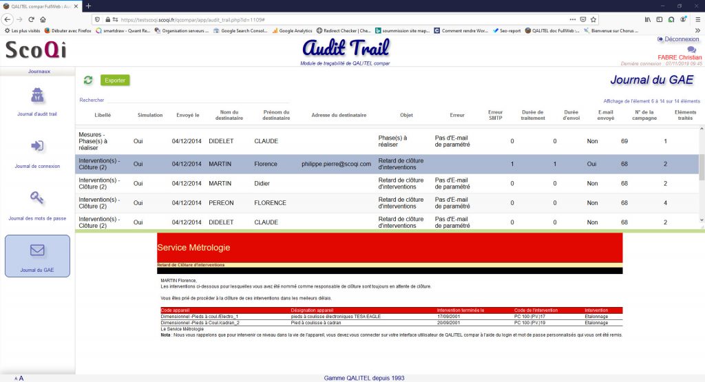 Logiciel-gestion-metrologie-instruments-mesure-gmao-qalitel-compar - module-tracabilite-audit-trail-qalitel-compar-journal-e-mails-gae